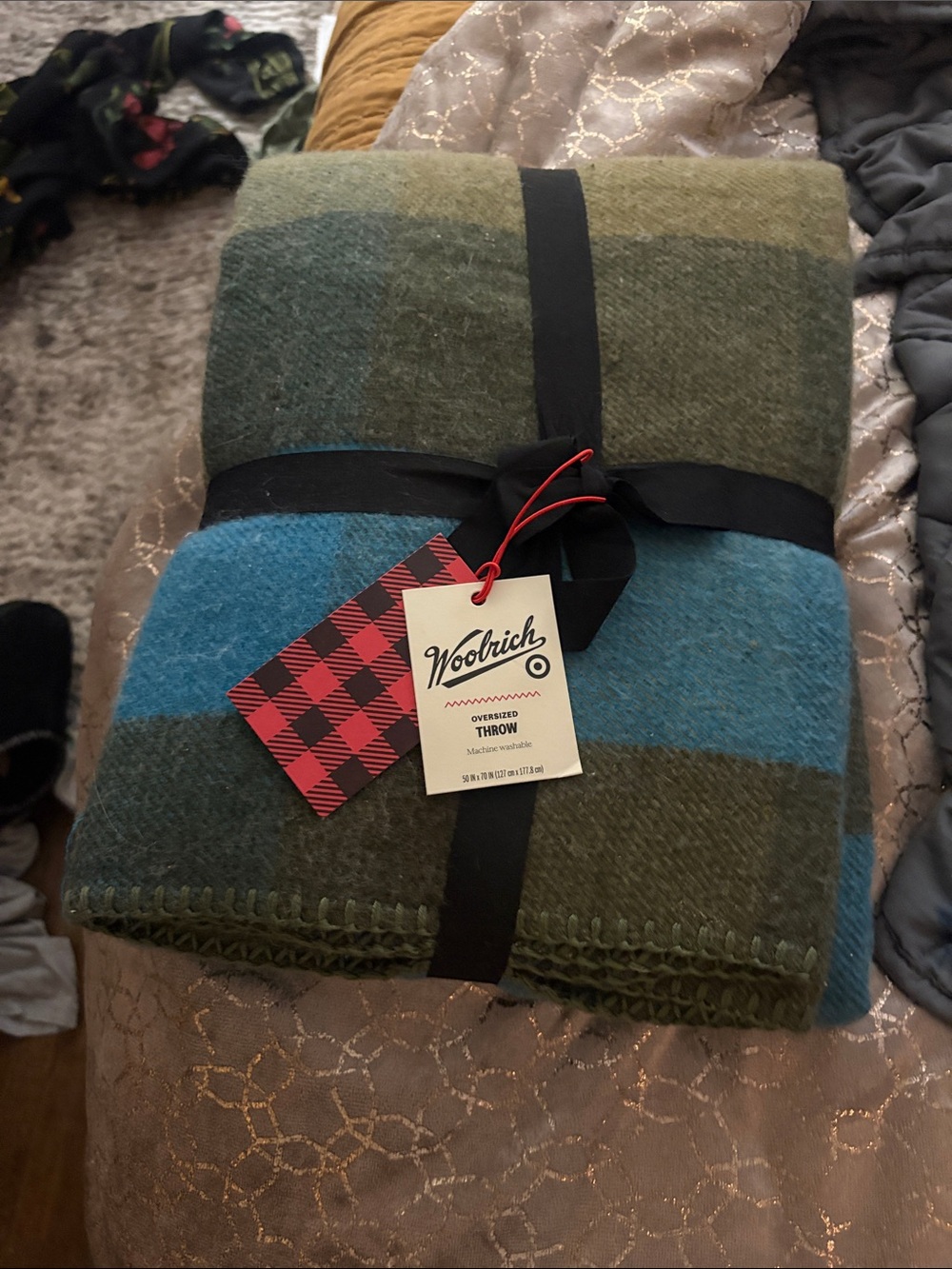 Woolrich Blue and Olive Green Striped Wool Throw